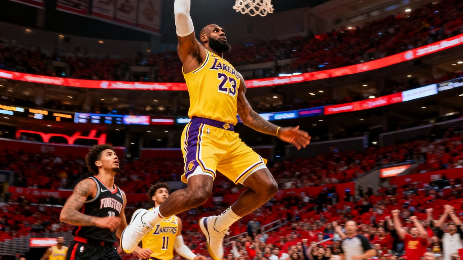 NBA西部半决赛湖人主场斯台普斯中心，勒布朗·詹姆斯在快攻中接到里夫斯的长传，从中场加速突破两名防守球员后飞身单手暴扣，篮球架剧烈震颤，全场观众爆发出震耳欲聋的欢呼。